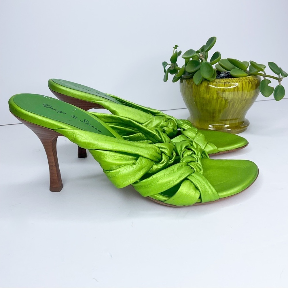 DIEGO DI LUCCA Green Leather Sandals | Metallic Braided Heels | Size 9 - Picture 3 of 8